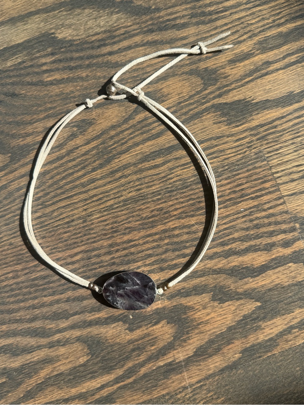 Adjustable Grey Suede Cord Necklace with Dark Marbled Oval Pendant